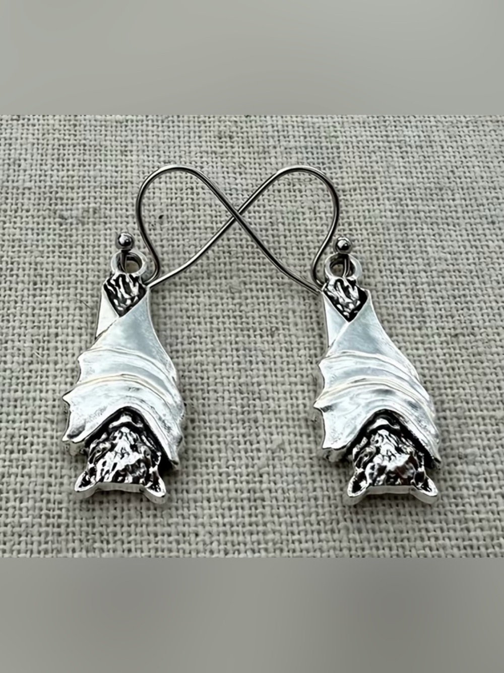 Silver Handcrafted Sleeping Bat Drop Earrings, Hanging Bat Earrings | Bat Lovers